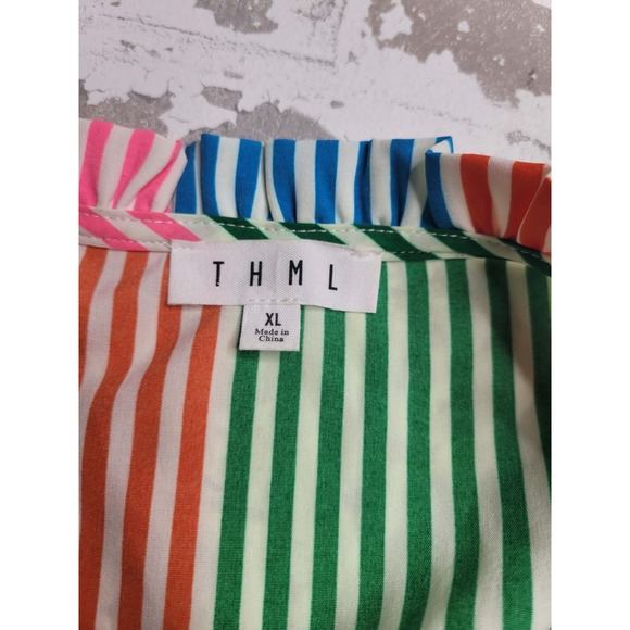 THML Colorful Striped V-Neck Ruffle Peplum Blouse Women's XL - Picture 4 of 6